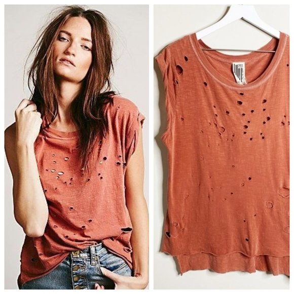 Free People Brick Orange Distressed Holes T-Shirt - Picture 1 of 4